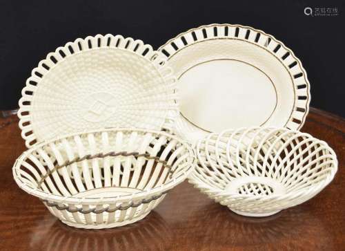 19th century oval creamware basket on stand with weave desig...