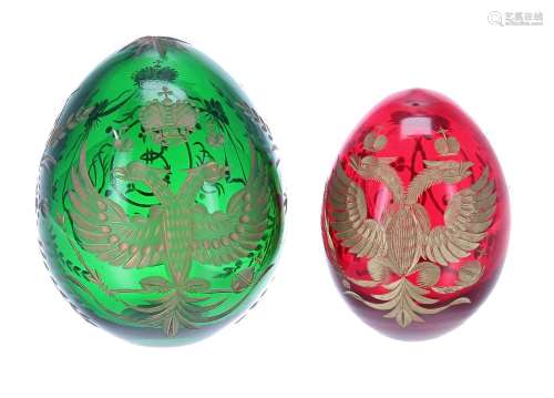 Two similar Russian St Petersburg hand worked glass eggs, th...