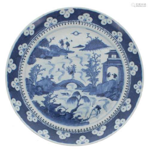 Chinese blue and white porcelain circular plate, depicting f...