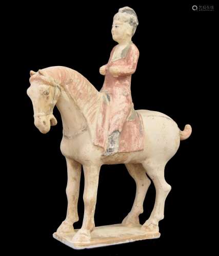 Chinese painted pottery horse and female rider, Tang dynasty...