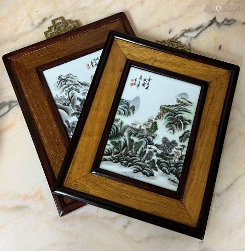 Pair of Chinese porcelain plaques in hardwood frames, each d...