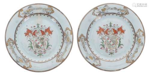 Pair of Chinese export famille rose armorial porcelain circu...
