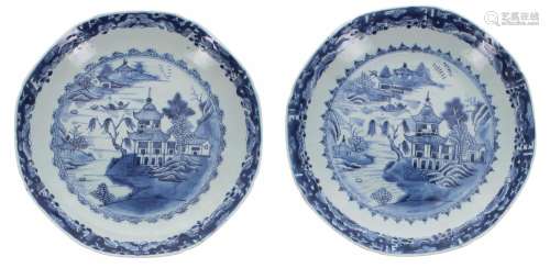 Two Chinese export octagonal lobed blue and white porcelain ...