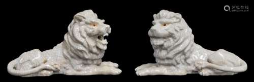 Large pair of Chinese crackle glaze pottery recumbent lion f...