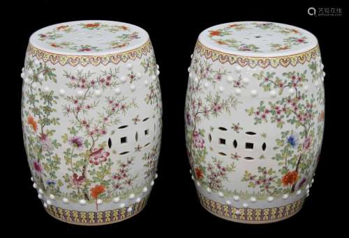 Pair of Chinese porcelain barrel window seats,with pierced m...