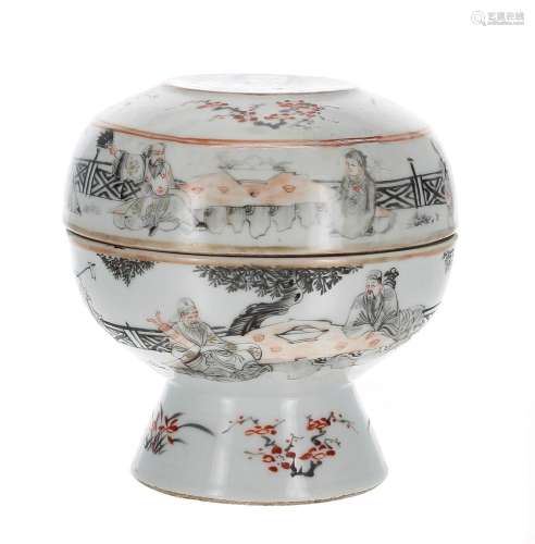 Chinese porcelain pedestal stem bowl and cover, decorated wi...