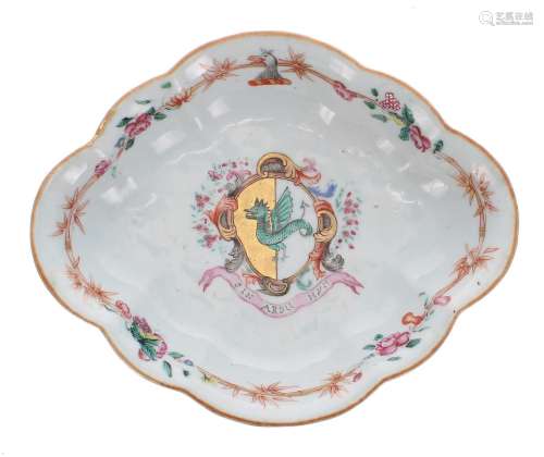 Chinese export famille rose fluted lozenge-shaped armorial p...