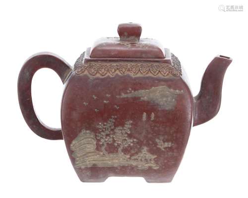 ChineseYixing red ware teapot and cover, of rectangular roun...