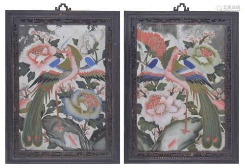 Pair of Chinese reverse painted mirrors, depictingbirds amon...