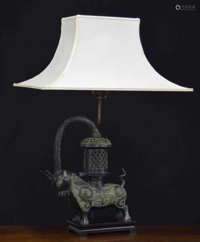 Chinese bronzearchaic style lantern bull lamp with shade, th...