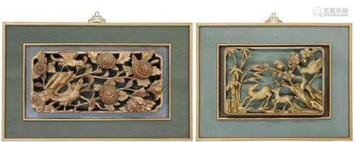 Two similar Siamese carved giltwood panels, each with birds ...