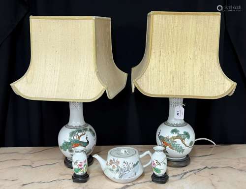 Pair of small Chinese porcelain bottle vase table lamps, dec...