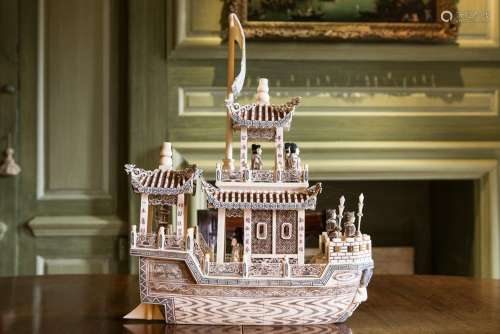 Carved and stained bonemodel of a Imperial Chineseboat with ...