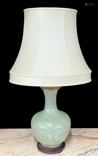 Chinese celadon glaze bottle vase converted to a table lamp,...