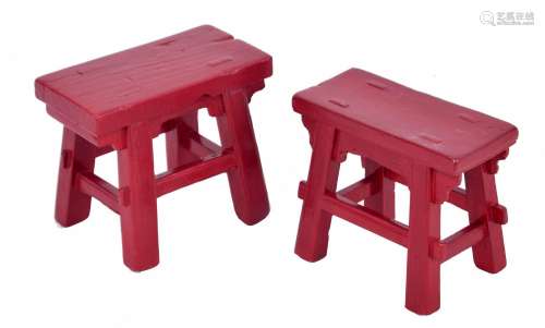 Small pair of Chinese red lacquered stools, largest 11.25 wi...