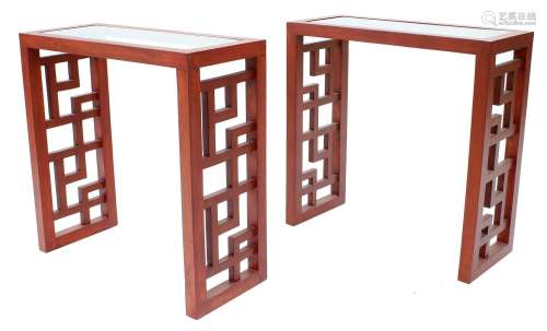 Pair of Chinese decorative red lacquered side tables, with i...