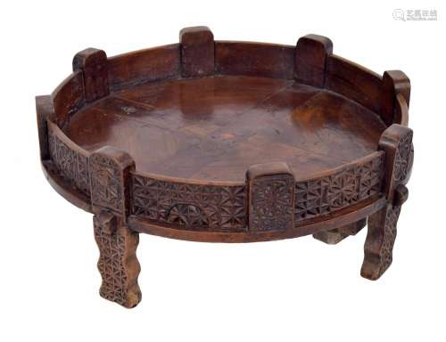 Traditional Indian Chakki carved low circular coffee table, ...