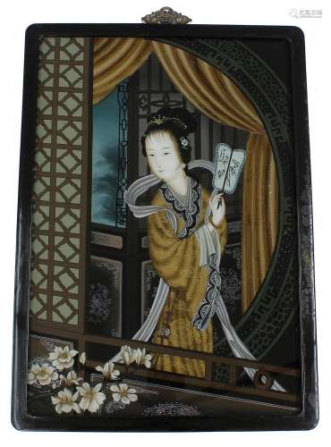 Chinese School- Chinese maiden seen through a window holding...