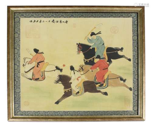 Chinese School- Figures on horseback playing polo, signed an...