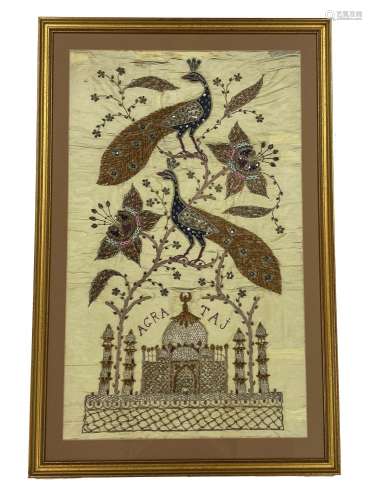 Indian Agra Taj gilt thread embroidered silkwork picture, of...