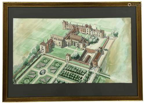 English School (20th century) - Aerial view of an old Abbey ...