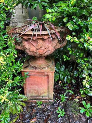 Large impressive, weathered terracotta garden urn on stand a...