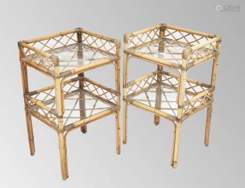 Pair of bamboo bedside two tier open tables with inset glass...