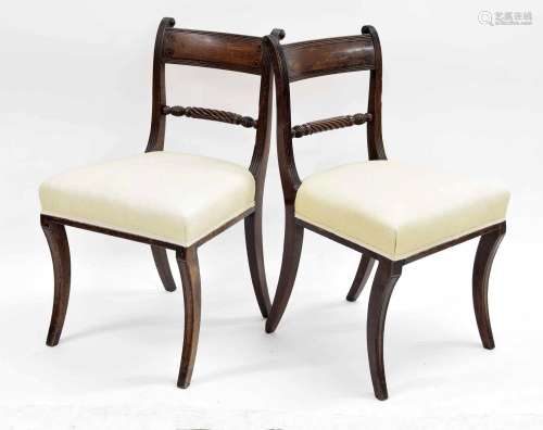 Pair of Regency mahogany dining chairs, with inlaid horizont...