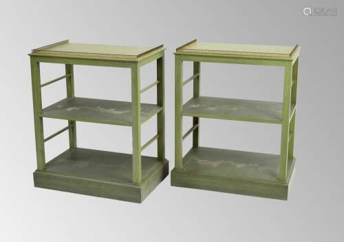 Decorative pair of green painted three tier open bookshelves...