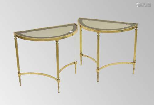 Pair of decorative brass demi lune occasional side tables wi...