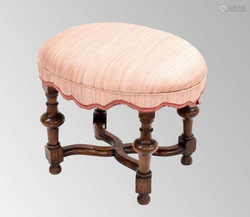 William III walnut stool, the oval upholstered seat with tur...