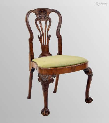 Fine George I walnut side chair, the curved top rail with a ...
