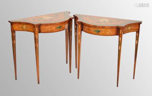 Attractive fine pair of satinwood crossbanded and painted si...