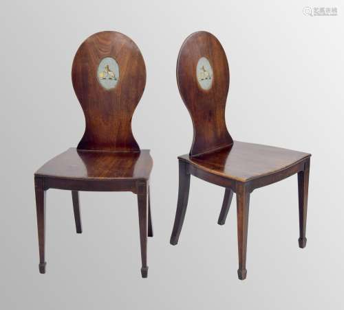 Pair of 19th century mahogany hall chairs, the oval backs ea...
