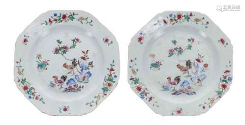 Pair of Chinese export famille rose octagonal porcelain plat...