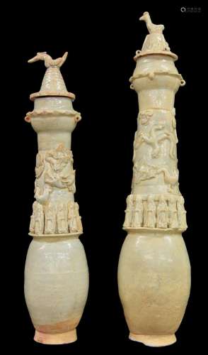 Tall Chinese Qingbai glazed pottery slender vase and cover,p...