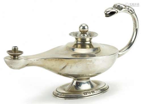 Victorian silver genie oil lamp with phoenix head handle, Bi...