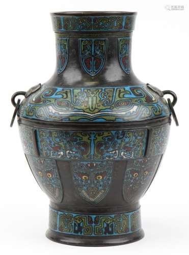 Large Chinese patinated bronze cloisonne vase with ring turn...