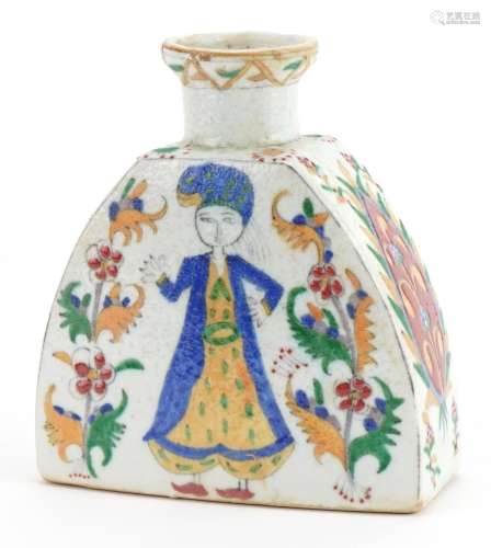 Turkish Ottoman pottery water flask hand painted with figure...