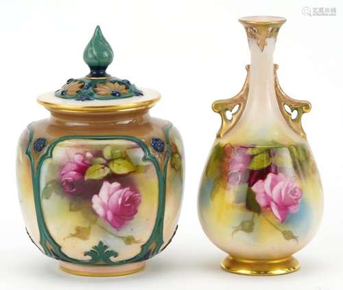 Two Royal Worcester vases hand painted with roses including ...