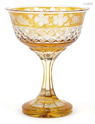 Bohemian amber flashed cut glass centre piece etched with le...