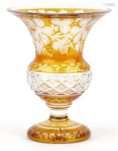 Bohemian amber flashed cut glass vase etched with leaves and...