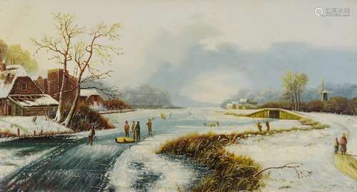 Dutch winter landscape with figures skating on a lake, oil o...