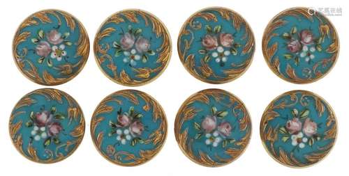 Set of eight 19th century brass buttons enamelled with flowe...