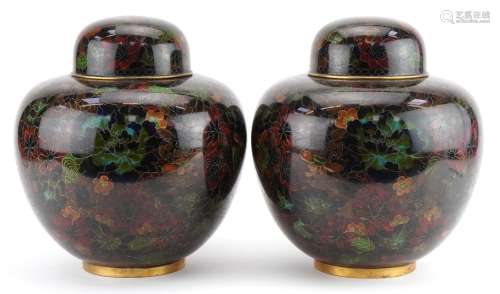 Pair of large Chinese cloisonne ginger jars with covers enam...