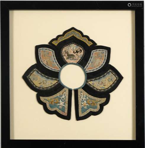 Chinese Canton silk cloud collar, framed and glazed, 29cm in...