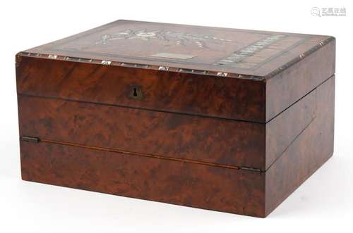 Victorian inlaid ebony and burr wood writing slope workbox w...