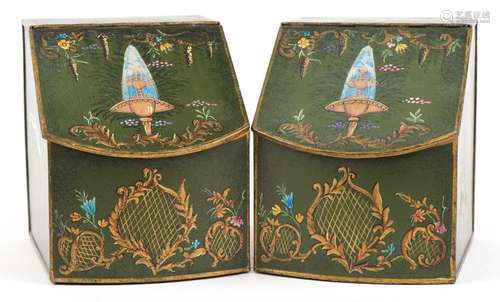 Pair of Toleware metal boxes with hinged lids, 25cm H x 21cm...