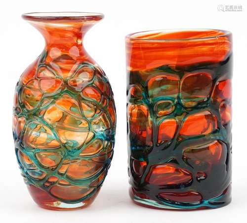 Two Mdina red mottled art glass vases with blue trailing, on...