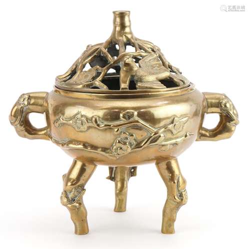 Chinese patinated bronze tripod censer with twin handles and...